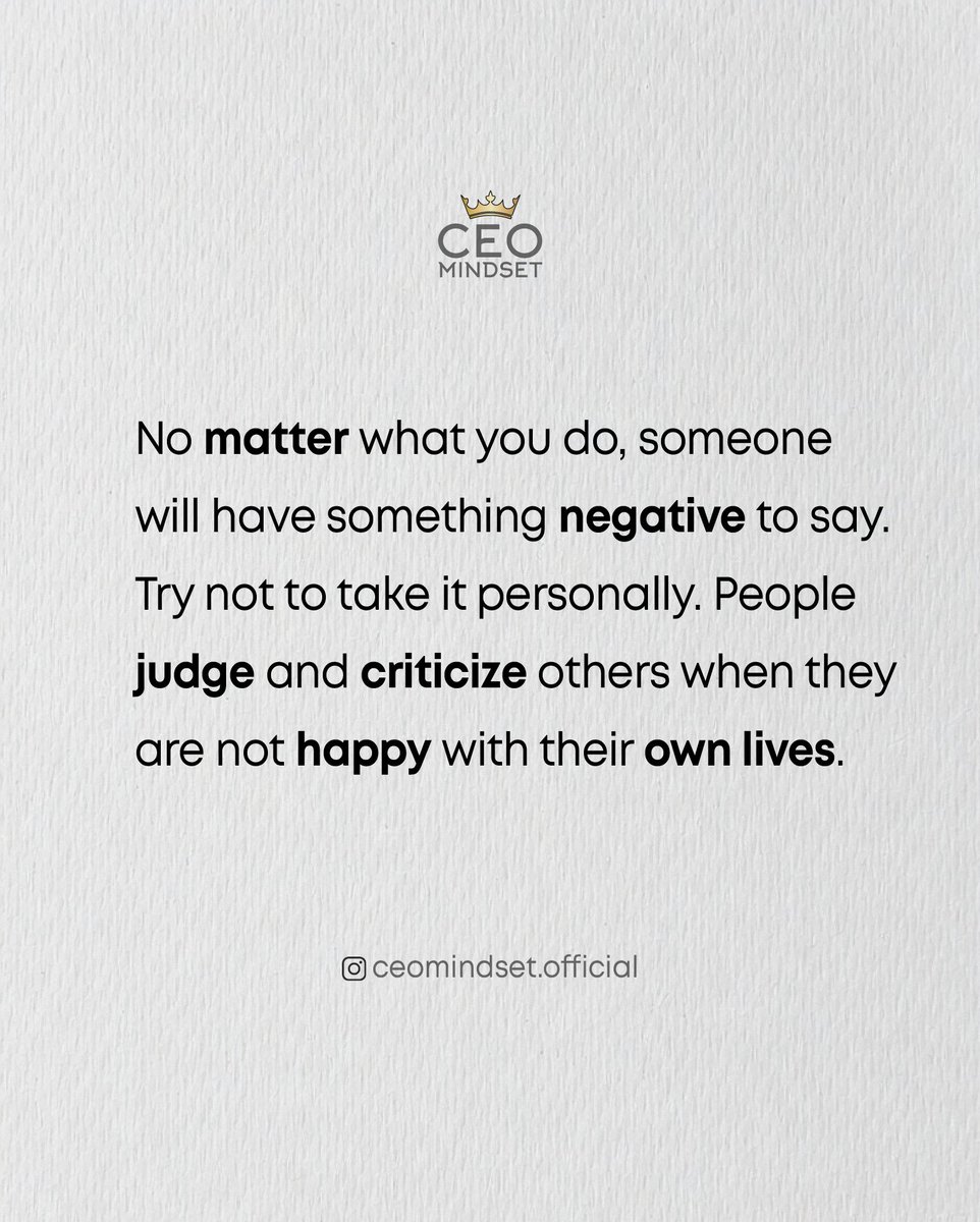CEOMindsetX's tweet photo. People will always have an opinion.

If you play small, they'll judge you.
If you dream big, they'll judge you.
If you succeed, they'll judge you.
If you fail, they'll judge you.

So stop living for applause or fear of criticism.

The people who spend the most time criticizing others are often avoiding their own growth.

Focus on becoming better, not more accepted.

What's one lesson criticism has taught you?
