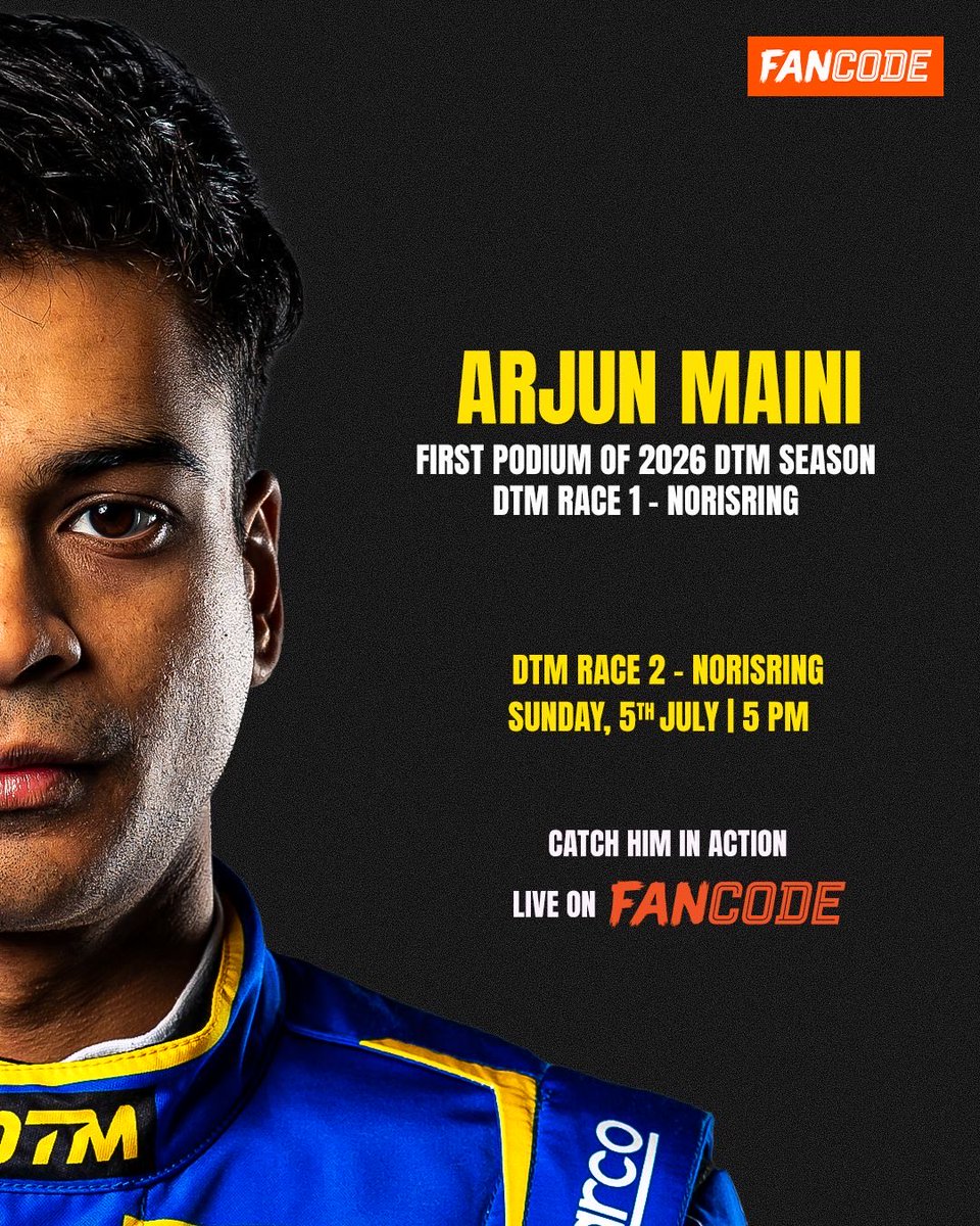 FanCode's tweet photo. Keeping the Indian flag flying high in Germany ๐ฎ๐ณ
Fresh off his first podium of the 2026 DTM season yesterday, Arjun Maini is ready to do it all over again at the Norisring street fight ๐ฅ
Catch him in active LIVE only on FanCode ๐ฒ
#DTM #DTM2026 #ArjunMaini #Norisring https://t.co/oTdbm5JvLn