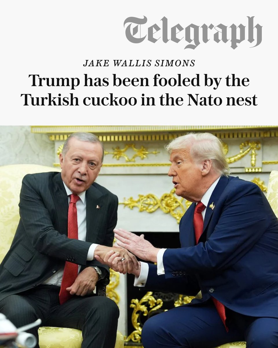 Telegraph's tweet photo. Jake Wallis Simmons warns Turkey is drifting from its pro-Western roots and becoming a “cuckoo in the Nato nest”.

He argues Ankara’s shift under Erdoğan is reshaping the balance of power inside the alliance ⤵️
https://t.co/4cTmFoN2Az https://t.co/9rkEh83GG3