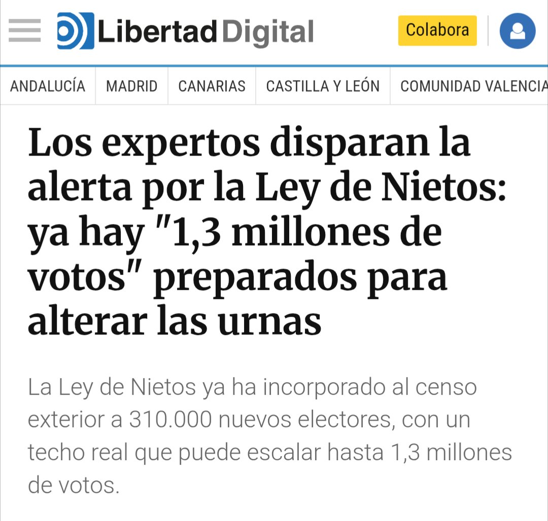 hazteoir's tweet photo. 🚨 URGENTE / ESTO ES UN PUCHERAZO

🗞️ Los expertos disparan la alerta por la Ley de Nietos: ya hay "1,3 millones de votos" preparados para alterar las urnas

👀 La Ley de Nietos ya ha incorporado al censo exterior a 310.000 nuevos electores, con un techo real que puede escalar hasta 1,3 millones de votos.

🗳️ Queda claro que Pedro Sánchez quiere cambiar el censo electoral para perpetuarse en el poder.

⚠️ ¿Hasta cuándo vamos a permitirlo?
⌛ Actúa antes de que sea tarde.
👉 ¡FIRMA AHORA PARA PARARLO!

✍️ Firma aquí:
https://t.co/D8ioE76M5k