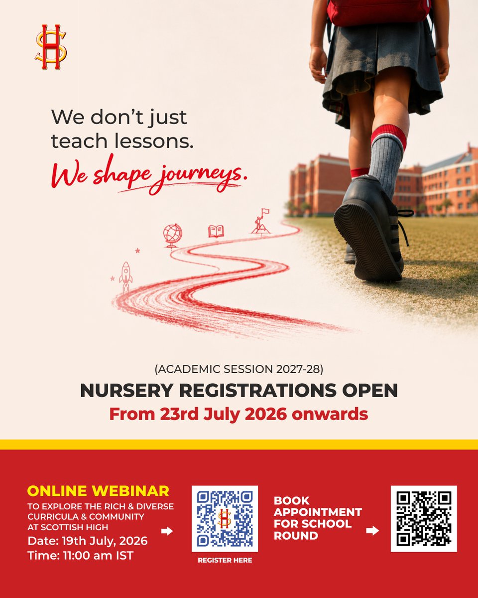 scottish_school's tweet photo. We're delighted to announce that Nursery Registrations for the Academic Session 2027–28 open from 23rd July 2026 onwards.

Join our informative ONLINE WEBINAR to learn more about the curriculum, culture, and community at Scottish High.

Sunday, 19th July 2026
11:00 AM IST

Register Now For Online Webinar: https://t.co/WiPYJE1f9P

For School Round, Book Your Appointment:-  https://t.co/GMkGhRcVfe