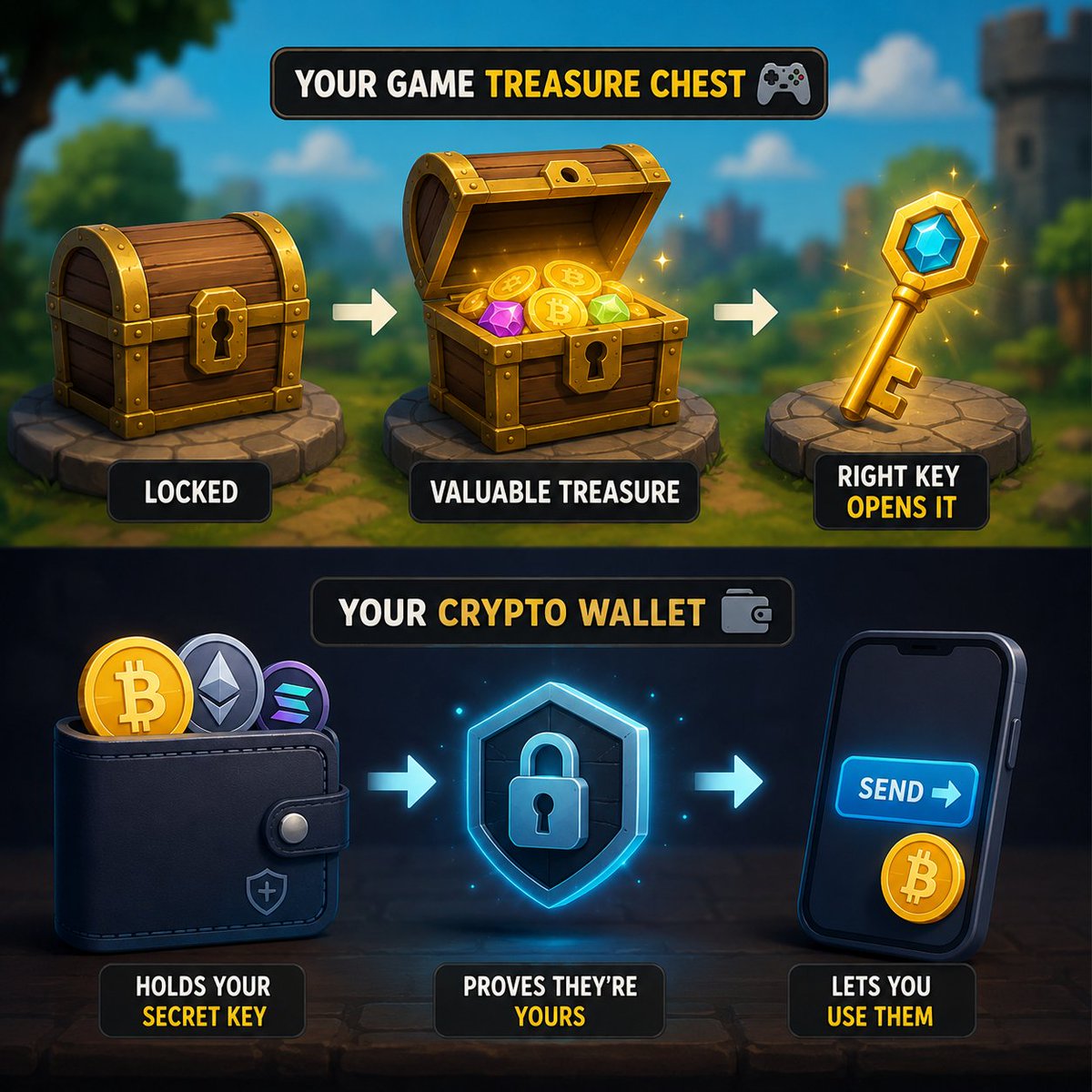 CryptoAura's tweet photo. My little cousin once asked me, "If crypto is money, where do you keep it?"

I smiled and said, "Imagine you have a treasure chest in your favorite game." 🪙

The chest doesn't create the treasure, and it doesn't make it more valuable. It just stays locked until the right key opens it.

A crypto wallet works the same way. It doesn't hold your coins like a real wallet holds cash. It keeps the secret key that proves they're yours and lets you use them.

That's why protecting your wallet is so important. If someone gets your key, they can open your treasure chest too. 🔑 @RallyOnChain