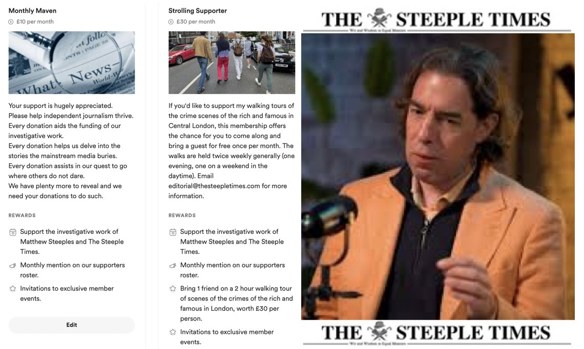 SteepleTimes's tweet photo. Become a 'Monthly Maven' or a 'Strolling Supporter' and get monthly member benefits whilst supporting the investigative work of Matthew Steeples and The Steeple Times. Find out more and sign up at https://t.co/vV1cprNd5M #Membership #TheSteepleTimes #MatthewSteeples #Journalism https://t.co/mHhWsi0blF
