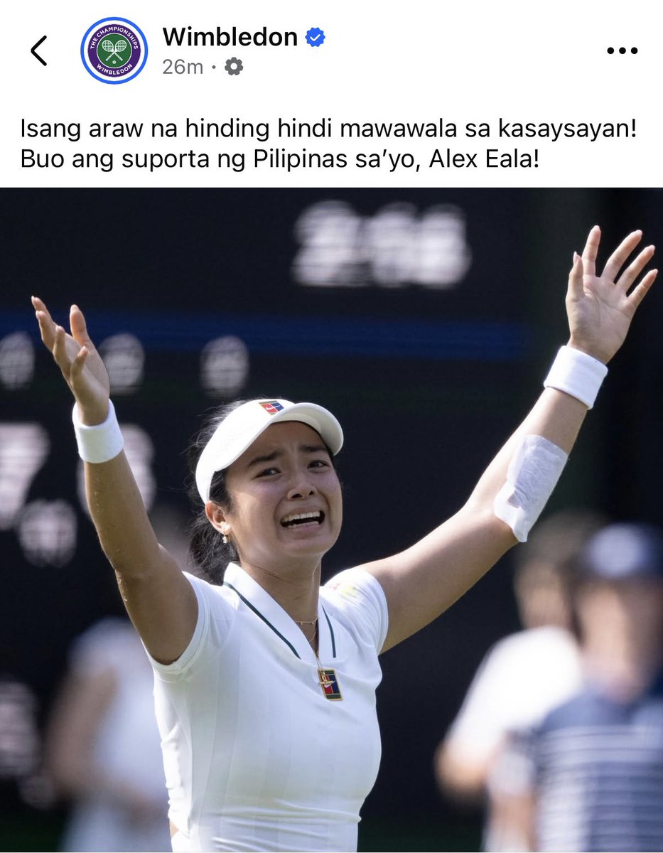 bryanulanday's tweet photo. “Sinabi talaga ng Wimbledon yarn?” 
🥹😭

LOOK: Wimbledon — for the first time ever — posts with Filipino words to celebrate Alex Eala’s history. 

@PhilippineStar 
@StarSportsHub 
@PhilstarNews https://t.co/WCrnotHJVQ