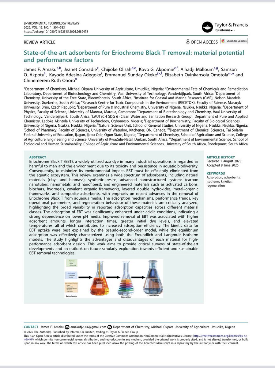 ES_Okeke's tweet photo. New Publication alert 🥁🥁🎷🎺🎼

Journal: Environmental Technology Reviews @Taylor &amp; Francis Group

Title: State-of-the-art adsorbents for Eriochrome Black T removal: material potential and performance factors

FullText: https://t.co/Ldatab34DW https://t.co/5MDpTuxC3A