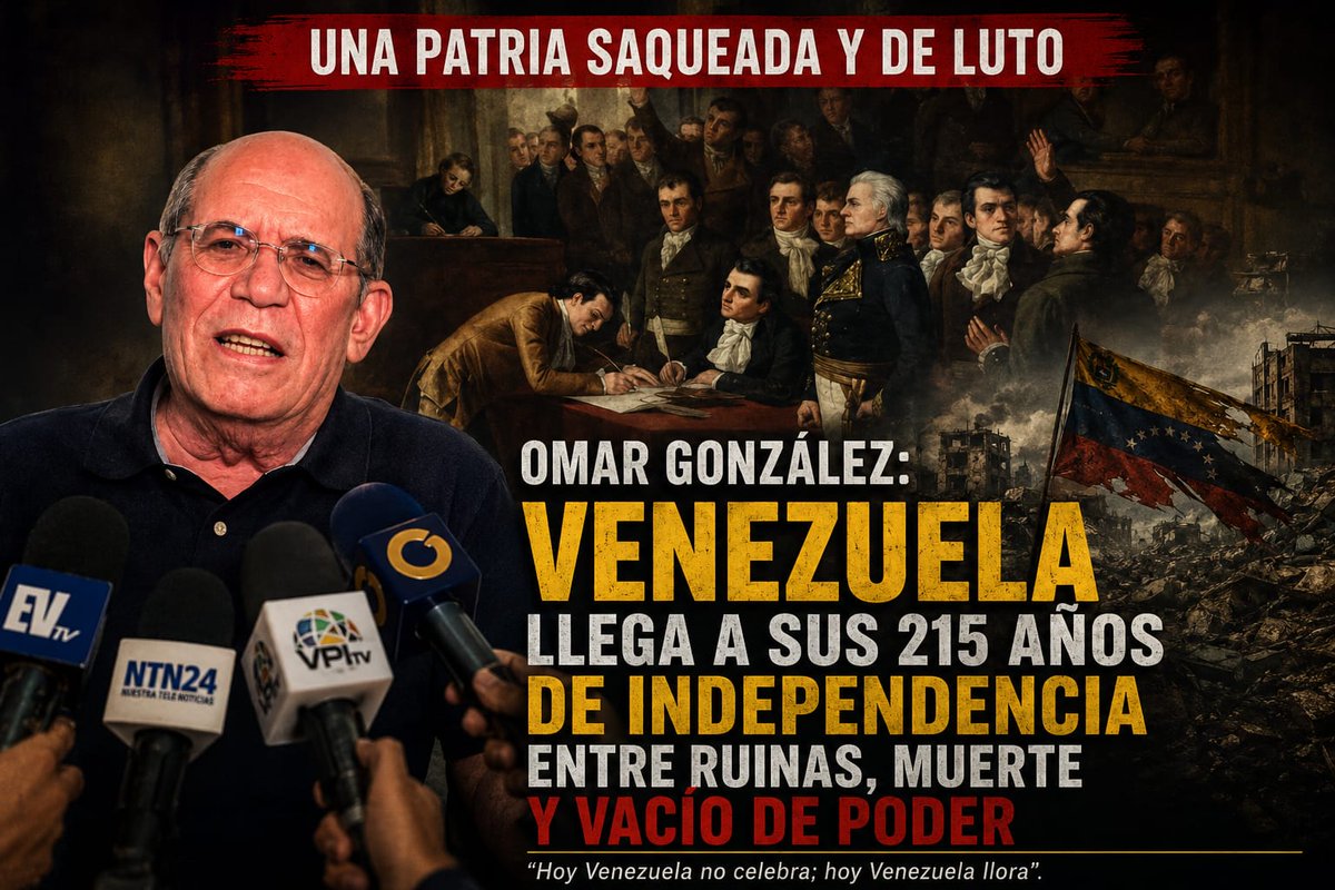 omargonzalez6's tweet photo. El 5 de julio encuentra a Venezuela entre escombros y bajo un poder sin legitimidad. Saquearon la República, destruyeron las instituciones y condenaron al pueblo al dolor. La historia no absolverá a los responsables https://t.co/a9DZyk8riS