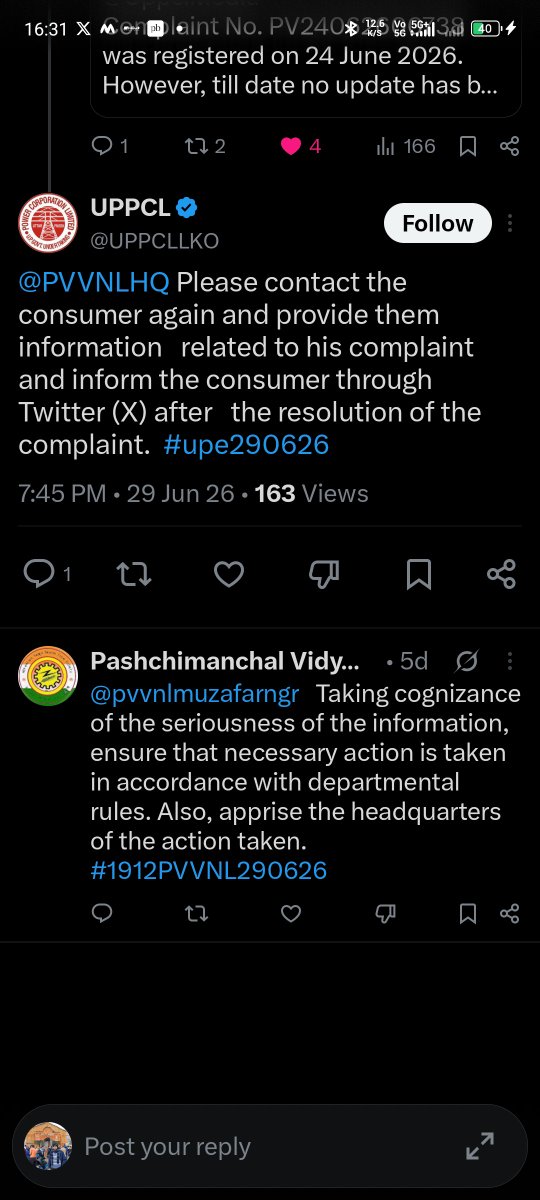 Shivamt68325888's tweet photo. Dear @UPPCLLKO @PVVNLHQ @pvvnlmuzafarngr @UppclMedia
@CMOfficeUP @myogiadityanath
It has been 5 days since your assurance that necessary action would be taken. However, I have not received any call, update, or resolution. The incorrect bill is still unchanged.

My complaint is still unresolved despite repeated follow-ups. Kindly stop giving only assurances and provide a concrete resolution, along with the detailed calculation of the ₹13,554.63 LPSC.

Complaint No.: PV24062600738
Account No.: 0563-377-000

Please resolve this matter at the earliest.