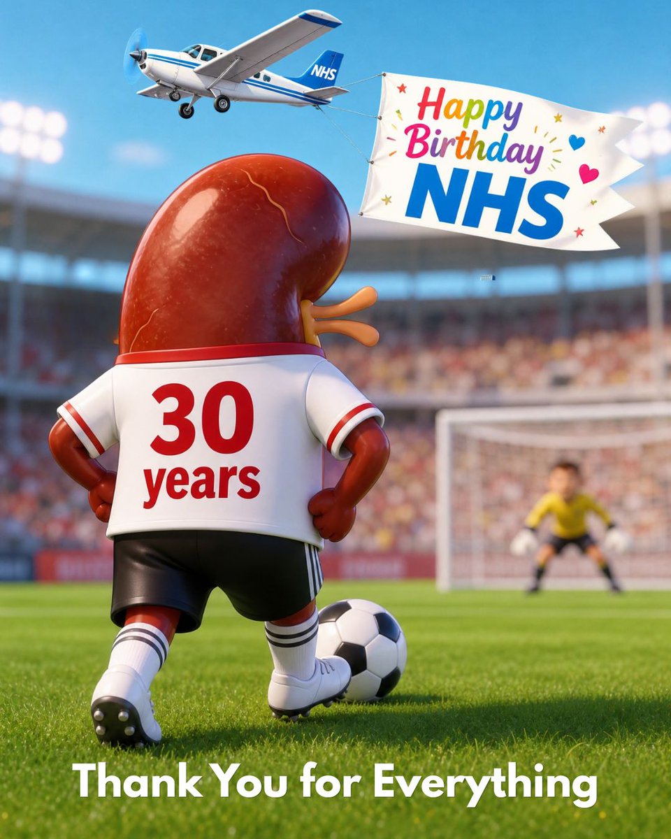 A picture of a kidney as a footballer to celebrate 30 years of a transplant and wish the NHS a Happy Birthday