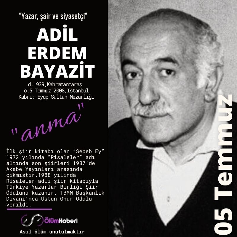 OlumHaberi's tweet photo. GÜNÜN ANMALARI. (05.Temmuz)
Adil Erdem Bayazıt
Çelik Uygur
Hasan Doğan
İdris Küçükömer
https://t.co/mHRZXAkEsq
#İstanbul #vefat #anma #tarih #AdilErdemBayazıt #HasanDogan #İdrisKucukomer #SafiyeAliKerekler #yazar #tarihci #sair #siir #siyaset #tbmm #iktisat #doktor https://t.co/uqDzH1kTmE