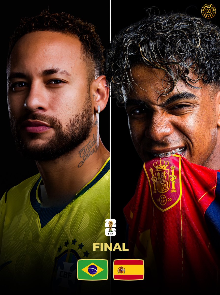 ManagingBarca's tweet photo. 🚨🇪🇸🇧🇷 𝐉𝐔𝐒𝐓 𝐈𝐍: Lamine Yamal has revealed that he’d love to face Brazil in the 2026 FIFA World Cup FINAL, saying: “I’d love to face Brazil in the World Cup final. If you want to become champions, you have to beat the best.”

If both teams keep winning, this is the road to a potential Spain vs Brazil showdown:

🇪🇸 Spain
⏳ Round of 16: Portugal 🇵🇹
⏳ Quarter-finals: Belgium 🇧🇪
⏳ Semi-finals: France 🇫🇷
🏆 Final: Brazil 🇧🇷

🇧🇷 Brazil
⏳ Round of 16: Norway 🇳🇴
⏳ Quarter-finals: England 🏴󠁧󠁢󠁥󠁮󠁧󠁿 
⏳ Semi-finals: Argentina 🇦🇷
🏆 Final: Spain 🇪🇸

Would Spain vs Brazil be the biggest possible final at the 2026 FIFA World Cup? 👀🏆