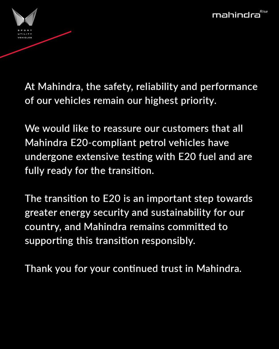 rushlane's tweet photo. Mahindra official statement on E20 fuel compliance https://t.co/b5FXN5kCMD
