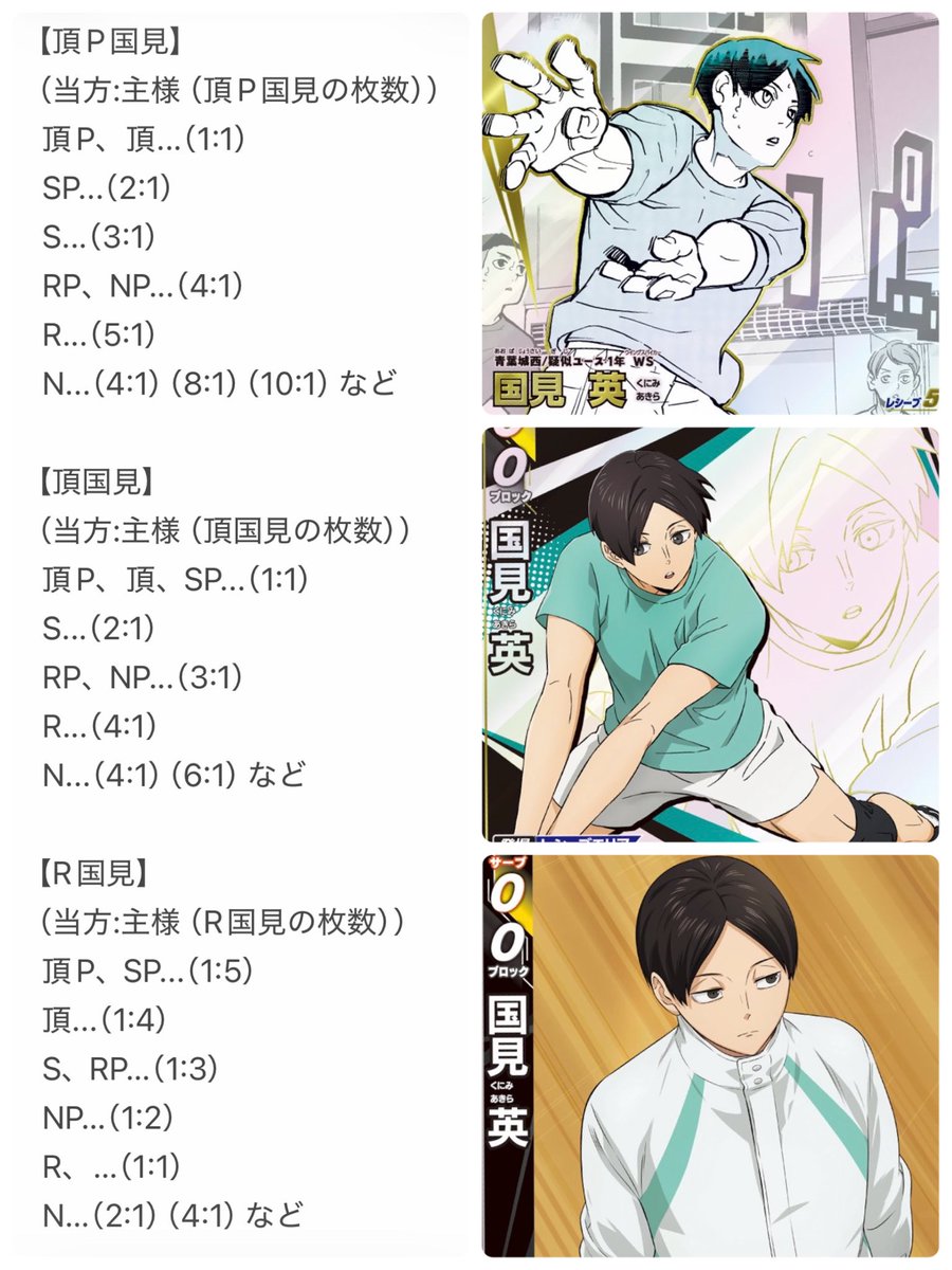 marimo_0529's tweet photo. 【交換】 ハイキュー バボカ ユース&amp;選抜強化合宿

求：国見英（頂 ＞ 頂P ＞＞＞ R）
※比率は画像1枚目から参照
譲：画像2～14枚目

郵送での交換です！📮
難しい条件かと思いますがご検討の程よろしくお願いいたします🙇‍♀️

お気軽にお声がけください🍀* ゚ https://t.co/WOgS8UrHio