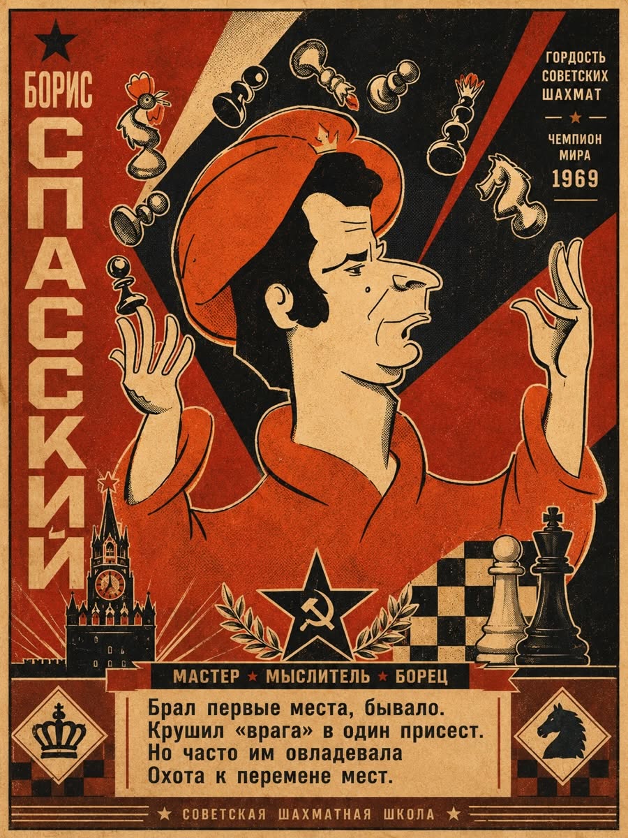 davidllada's tweet photo. The site https://t.co/VomPrYKbMh is definitely worth following. They always come up with interesting stories and visuals from the golden era of chess.

Over the last few days, they have been posting on their Facebook page old posters and illustrations depicting some of the heroes of Soviet chess. Here are some of my personal favorites, depicting Tal, @Kasparov63, Bronstein and Spassky.