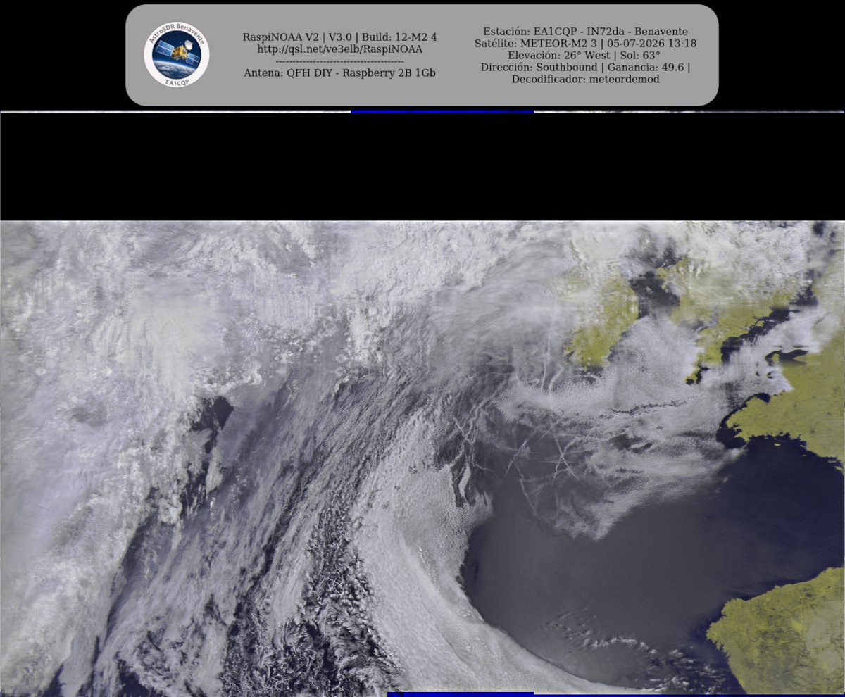 monforra's tweet photo. Ground Station: EA1CQP - IN72da - Benavente METEOR-M2 3 05-07-2026 12:59 CEST  Max Elev: 26° W Sun Elevation: 63° Gain: 49.6 | Southbound

#NOAA #MeteorM2_3 #MeteorM2_4 #weather #weathersats #APT #LRPT #wxtoimg #MeteorDemod #rtlsdr #gpredict #raspberrypi https://t.co/KsQQq4VUa5