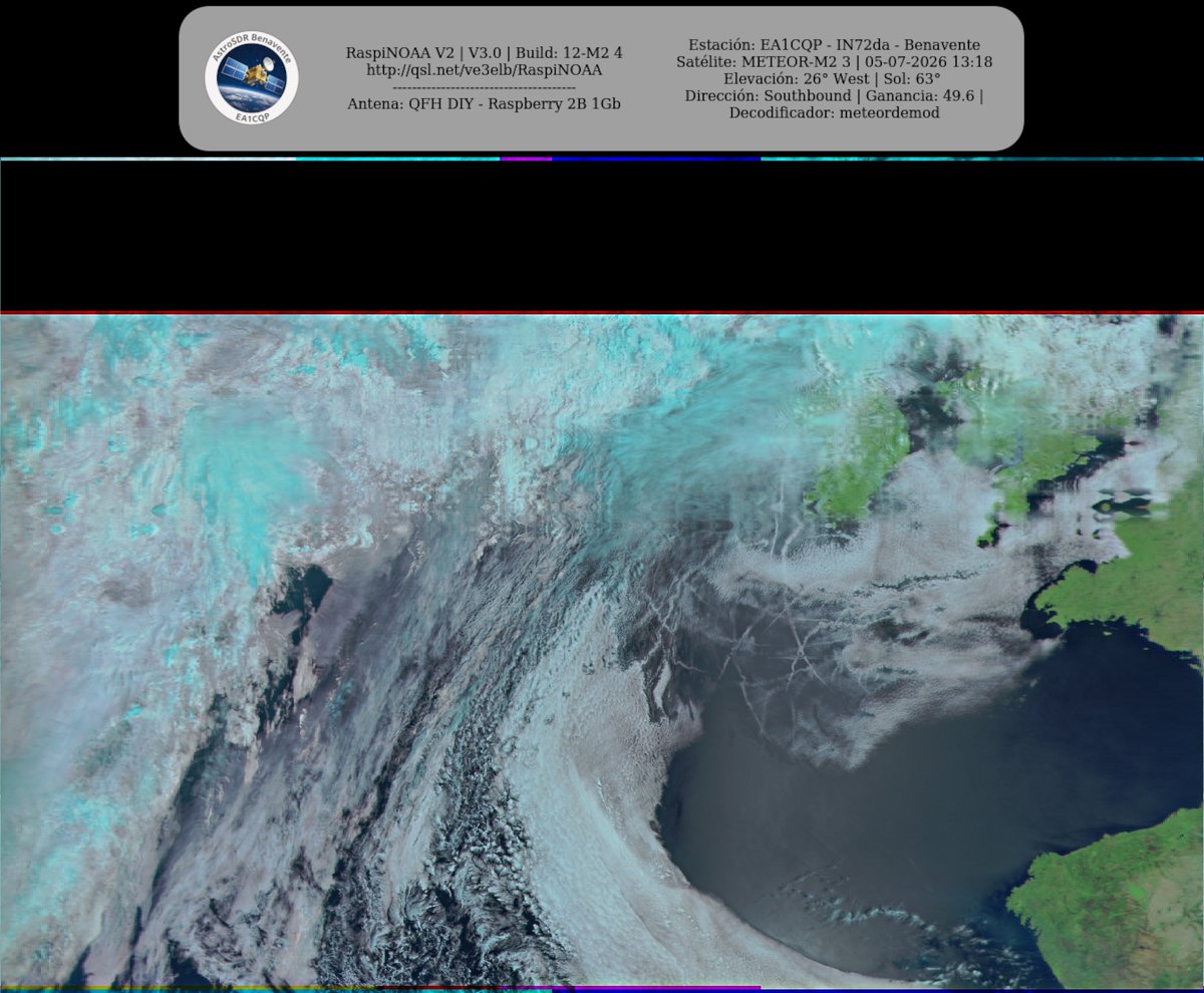 monforra's tweet photo. Ground Station: EA1CQP - IN72da - Benavente METEOR-M2 3 05-07-2026 12:59 CEST  Max Elev: 26° W Sun Elevation: 63° Gain: 49.6 | Southbound

#NOAA #MeteorM2_3 #MeteorM2_4 #weather #weathersats #APT #LRPT #wxtoimg #MeteorDemod #rtlsdr #gpredict #raspberrypi https://t.co/KsQQq4VUa5