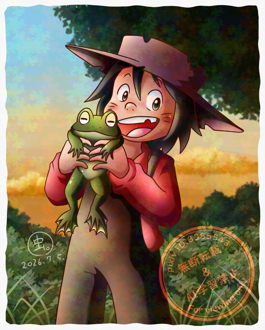 isopodARpkmn's tweet photo. 「こいつは天才だぞ！」
梅雨もそろそろ終わりかな…という事でカエルイラストで🐸
災害級の雨も嫌ですがこちらは明日の雨が上がったら一気に気温が上がりそうです…😅
ちゃんと暑さに体を慣らさなければ…！
#世界名作劇場 #トム・ソーヤーの冒険 https://t.co/LkYwLsN96G