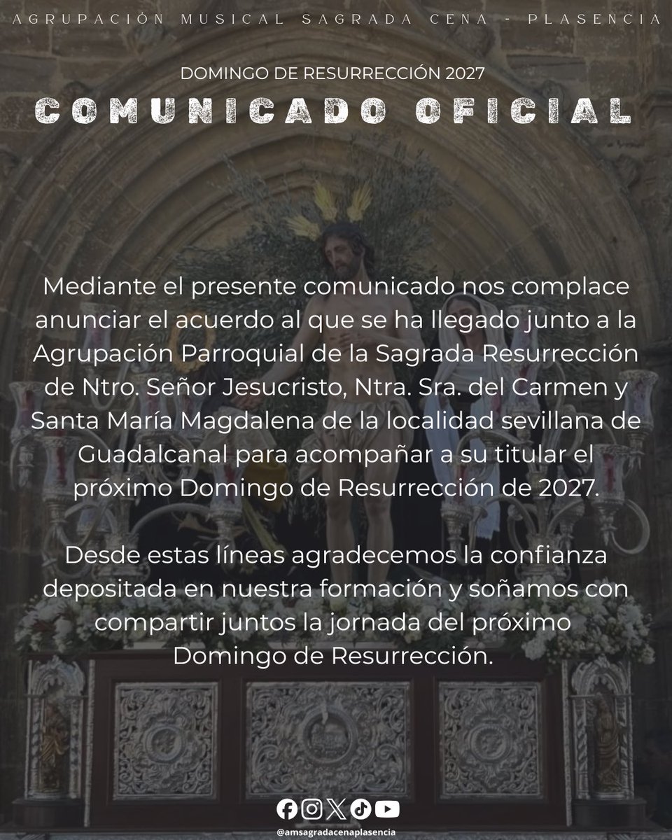AM_SagradaCena's tweet photo. 𝐂𝐎𝐌𝐔𝐍𝐈𝐂𝐀𝐃𝐎 𝐎𝐅𝐈𝐂𝐈𝐀𝐋 

Mediante el presente comunicado nos complace anunciar el acuerdo al que se ha llegado junto a la Agrupación Parroquial de la Sagrada Resurrección de Ntro. Señor Jesucristo, Ntra. Sra. del Carmen y Santa María Magdalena…

1 https://t.co/e8KaMB0HJA