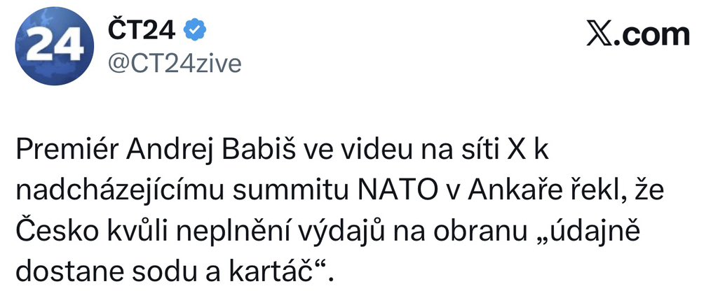_JakubJanda's tweet photo. Premiér Babiš a jeho hnědí koaliční partneři vědomě zavedli Česko na okraj NATO.

Jsme nejhorším členem Aliance ze 32 členů.

Zatímco se spojenci urgentně chystají na obranu Evropy, naše vláda jako jediná vykuchává vlastní armádu.

Pro summit NATO doporučuji metodu ministra pasivní obrany:

mlčet a předstírat, že tam nejste

Až tahle fraška skončí, tak bude trvat mnoho let, než znovu získáme důvěru našich spojenců