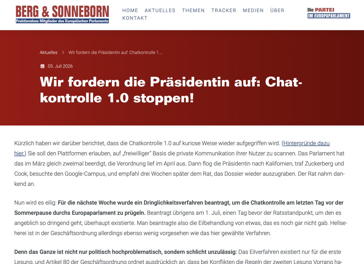 MartinSonneborn's tweet photo. Nach einem Kurzbesuch bei Zuckerberg &amp; Co. in Kalifornien versucht Parlamentspräsidentin Roberta Metaxa, die mehrfach gescheiterte Chatkontrolle nächste Woche noch einmal abstimmen zu lassen. Widerrechtlich. Wir halten juristisch dagegen. Wird spannend... https://t.co/ruyeiJ9sSO