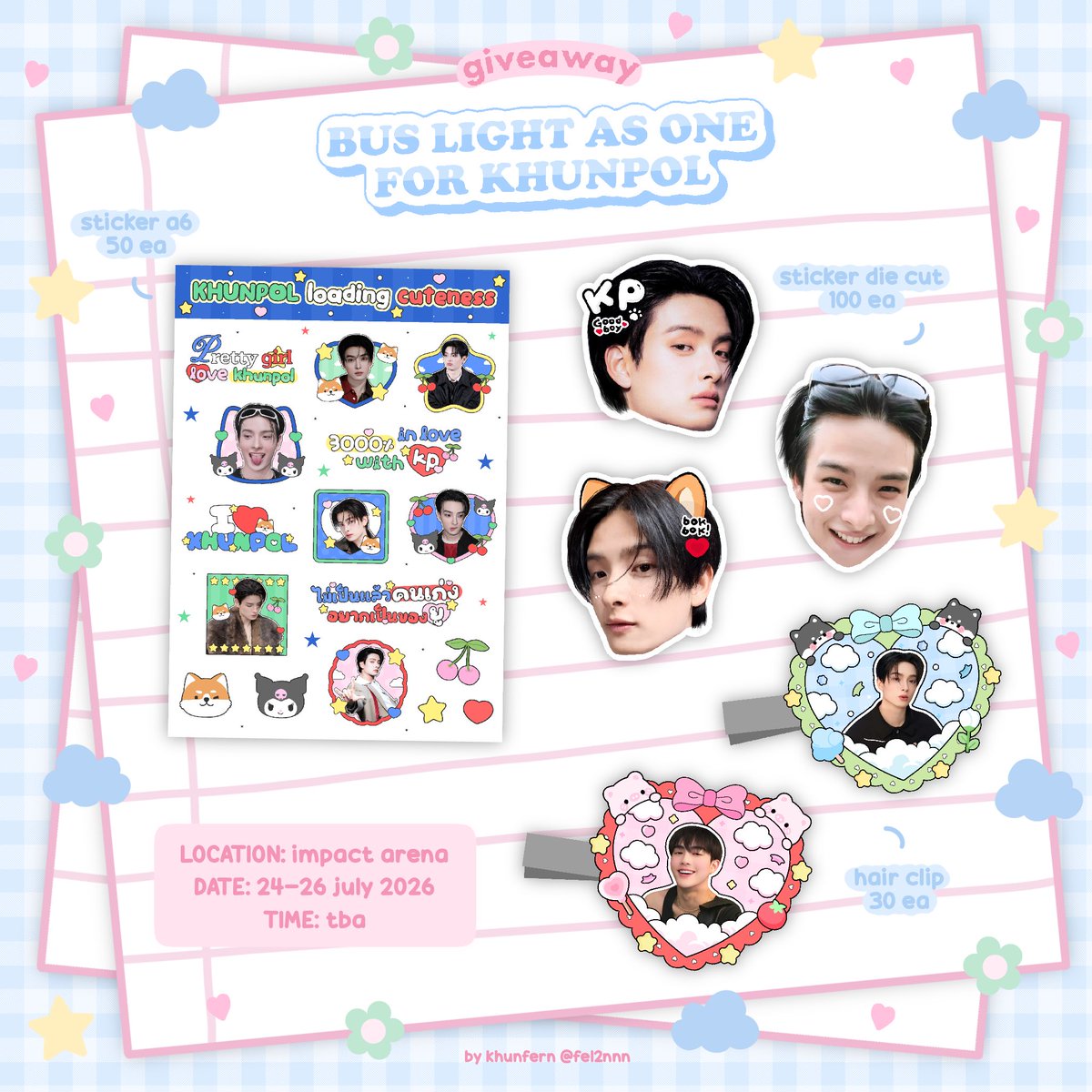 fel2nnn's tweet photo. 𓂃 pls kindly rt ♡︎

Giveaway for #BUS_LIGHTASONE
 KHUNPOL &amp; HEARTCHU (🐶🐷)

✿ Sticker A6 — 50 ea.
✿ Sticker die cut — 100 ea.
✿ Hair clip — 30 ea.

           💬 date : 24-26 July
                  time : tba

𐙚  rt &amp; show this tweet 🍏🎀

#KHUNPOL #HEARTchuthiwat https://t.co/pBolwNEBbO