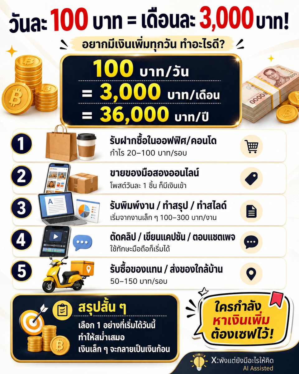 NO1CAPTION's tweet photo. เอาจริงนะ เงินเพิ่มวันละ 100 บาทมันดูนิดเดียวมากกก
แต่ถ้าทำได้ทุกวัน = เดือนนึงตั้ง 3,000 บาทเลยนะ 💸

ปลายปีอาจมีเงินก้อนไว้จ่ายค่านั่นค่านี่ แบบไม่ต้องมานั่งเครียดทีหลังอะ

ไม่ต้องเริ่มอะไรใหญ่โต เลือกสิ่งที่เราทำไหวก่อน
ค่อย ๆ ทำไปทุกวันก็พอ เฮ้อ...เงินมันไม่ได้งอกเองจริง ๆ 🥹

#หาเงินเพิ่ม #รายได้เสริม #มนุษย์เงินเดือนสู้ชีวิต #เก็บเล็กผสมน้อย