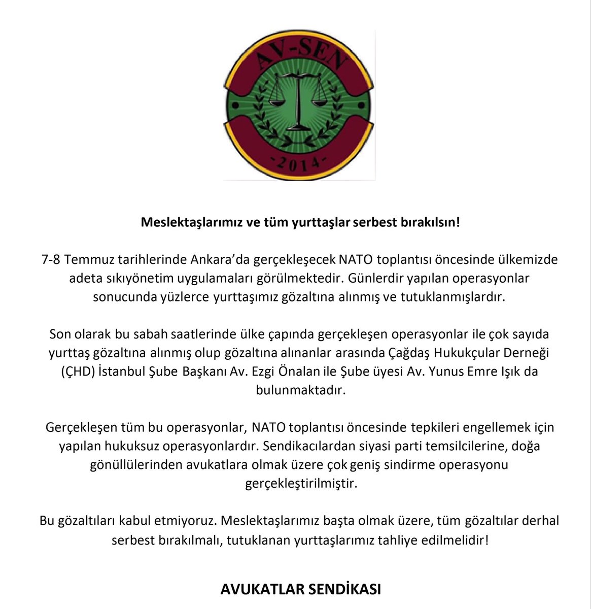 AVUKATSENDiKASI's tweet photo. Meslektaşlarımız başta olmak üzere, tüm gözaltılar derhal serbest bırakılmalı, tutuklanan yurttaşlarımız tahliye edilmelidir!
@CHD_istanbul @chdgenelmrkz1 https://t.co/uNqGGZqN3s