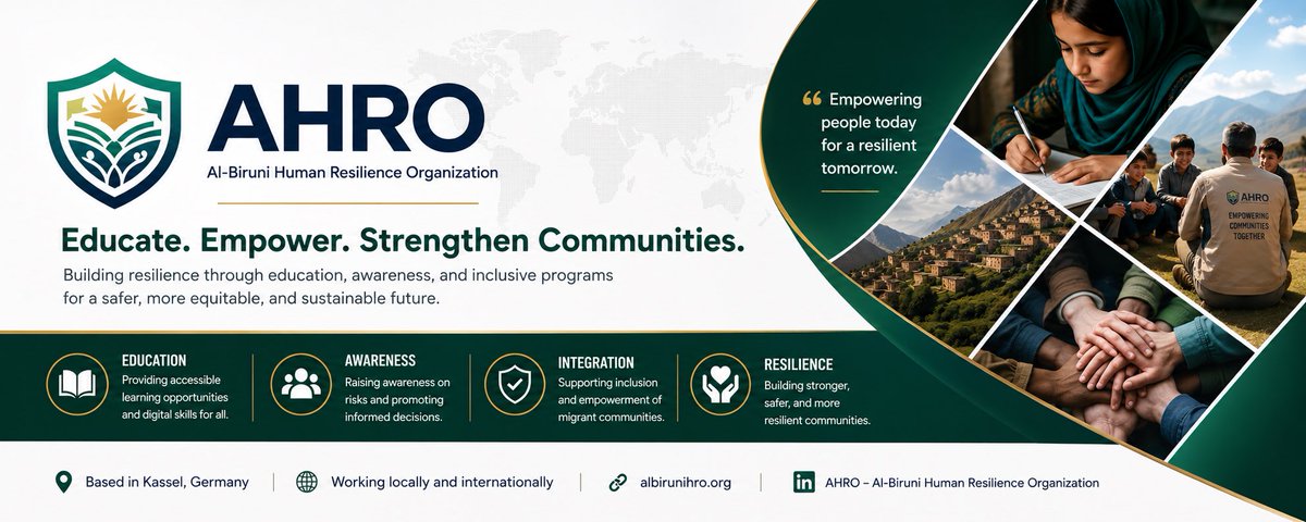 AlBiruniHRO's tweet photo. Welcome to the official X account of AHRO, Al-Biruni Human Resilience Organization.

We are a Germany-based non-profit working to build safer, stronger &amp; more resilient communities through education, awareness, digital learning, integration &amp;  community support.

Follow us… https://t.co/fJAlkXLBl2