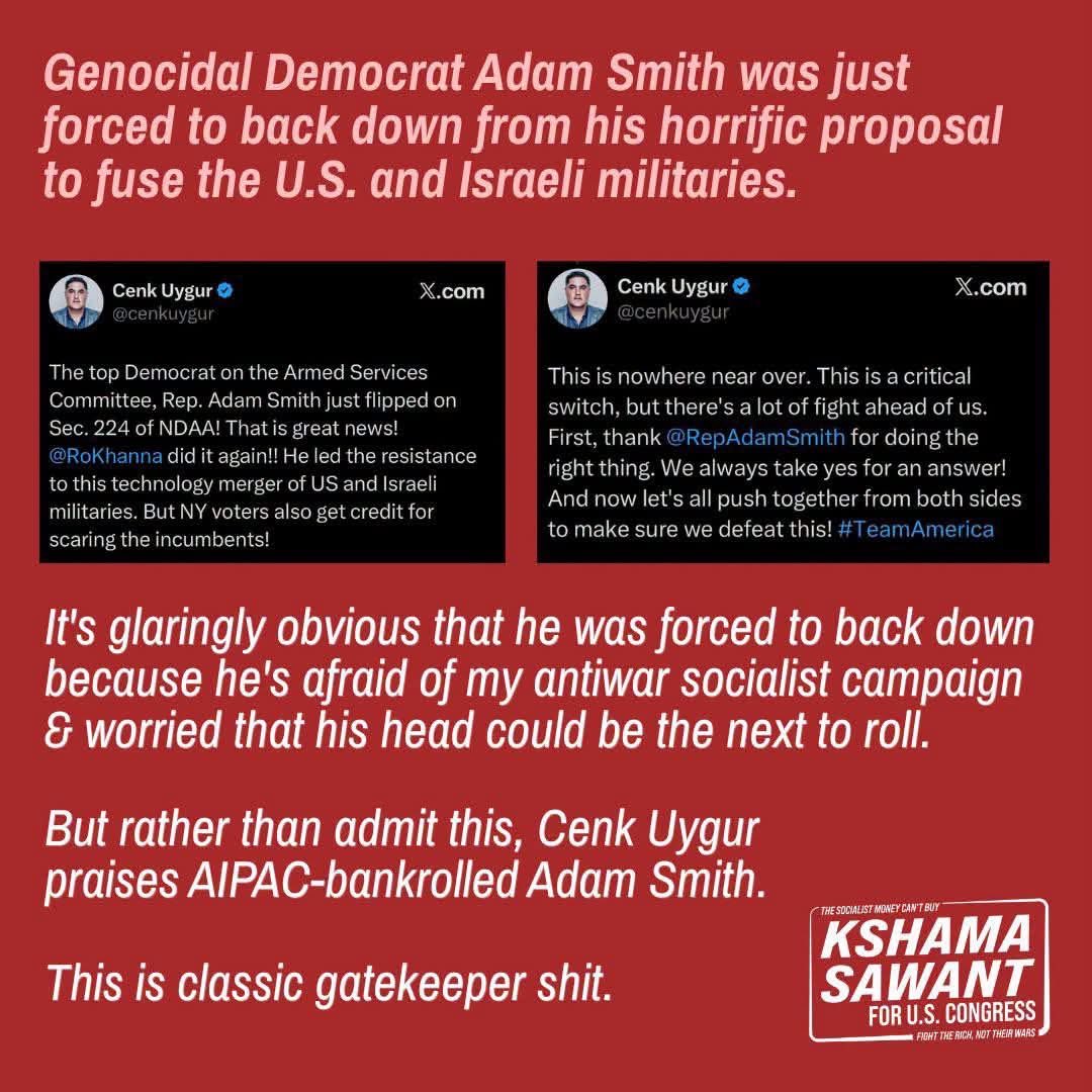 CallForCongress's tweet photo. This bootlicking sheepdogging shit is embarrassing @cenkuygur 

@RepAdamSmith is a warmongering Zionist ghoul, always has been always will be. Responsible for the deaths of hundreds of thousands of Palestinians. And you’ve got your tongue right up his asscrack https://t.co/UaH2Mew2jQ
