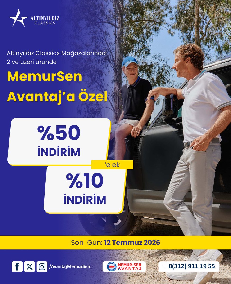 AvantajMemurSen's tweet photo. MemurSenAvantaj Üyelerine Özel Kampanya. 

12 Temmuz 2026 tarihinde sona erecek olan üyelerimize özel avantajla Altınyıldız sizleri bekliyor. 

Kampanya hakkında detaylı bilgilere ve indirim kodunuza Kimlik-Karedod-Giyim Sektöründen ulaşabilirsiniz. 

Hep birlikte MemurSenAvantaj Dünyasını büyütmeye devam edeceğiz. 

#MemurSenAvantaj 
#AvantajMemurSen