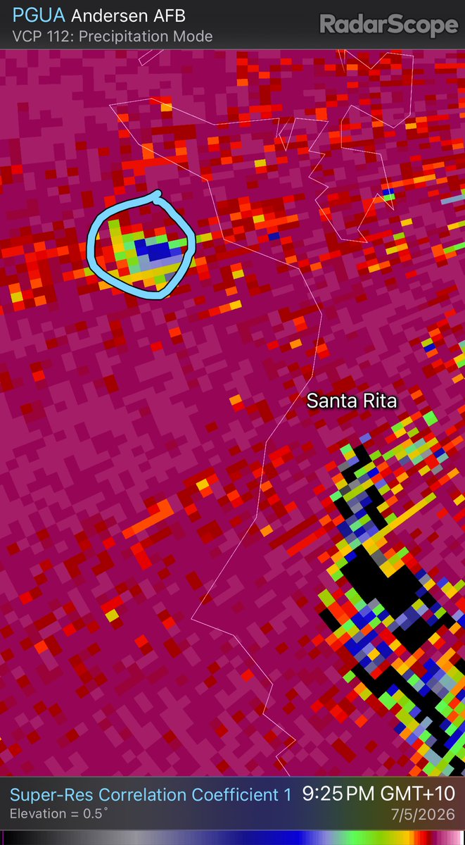 Sekai_WX's tweet photo. A tornado just hit the airport at the far  northeastern end of Guam.

Debris ball and TDS. https://t.co/4KUs7Bl4Ix