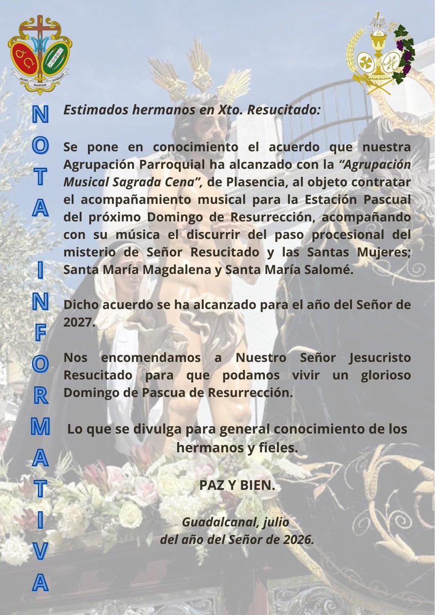 ResucitadoGuada's tweet photo. NOTA INFORMATIVA | Acompañamiento musical. Domingo de Resurrección

En estos días se ha formalizado el contrato,por el cual la Agrupación Musical Sagrada Cena de Plasencia pondrá sus sones tras el paso procesional del Señor Resucitado el Domingo de Resurrección.

Paz y Bien. https://t.co/bl8f4tru7p