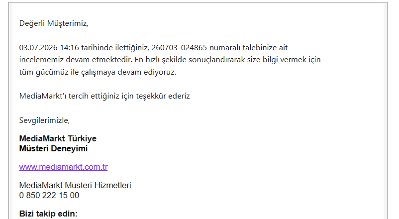 Aft_53's tweet photo. @mediamarkt_ps @mediamarkt_tr bu kadar kötü hizmet verdiğinizi bilmiyordum. habire aynı mesaj geliyor ancak sonuçlanan bir şey yok. https://t.co/qUMbamsswB