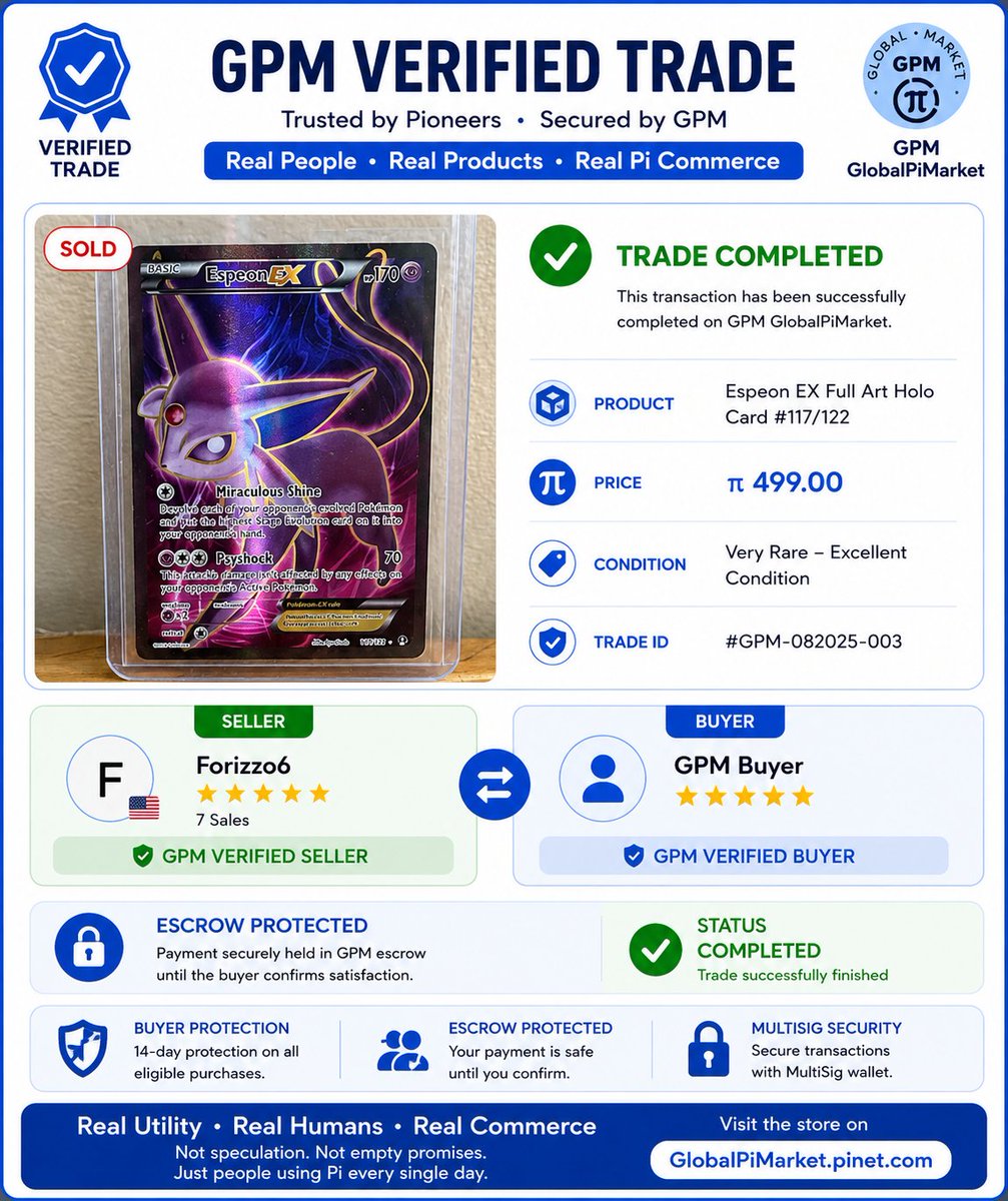 globalpimarket's tweet photo. That's exactly what makes GPM powerful. 👏
Three more verified Pi trades completed through GPM:
🕷️ Marvel Legends Iron Spider Action Figure – 80 Pi ✅
🐉 Rare Pokémon Mega Gyarados EX – 910 Pi ✅
✨ Rare Pokémon Espeon EX Full Art – 499 Pi ✅
Total: 1,489 Pi in verified collector trades.
Every completed transaction proves that people are using Pi to buy and sell real products—not just talking about utility, but creating it.
Real Utility • Real Humans • Real Commerce
GPM GlobalPiMarket
Not speculation. Not empty promises. Just people using Pi every single day.