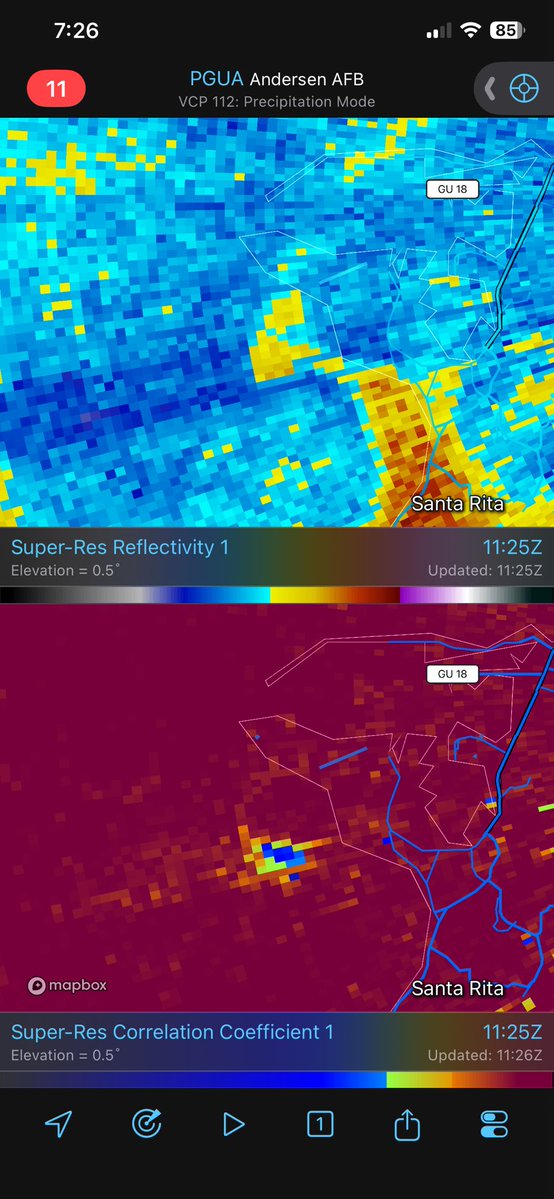 Gio_wx's tweet photo. Wow! A tornado just impacted near Santa Rita, Guam, in association with Typhoon #Bavi. There is a tornadic debris signature and very strong velocity couplet on radar. I have never seen a TDS on radar in the Guam area before! https://t.co/QjhF7fVPQt
