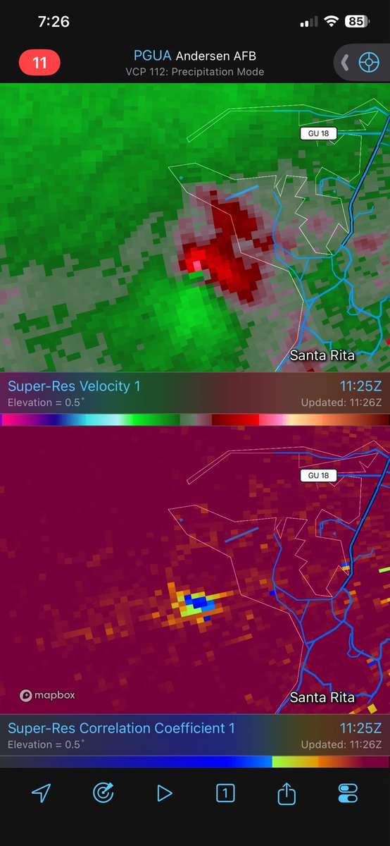 Gio_wx's tweet photo. Wow! A tornado just impacted near Santa Rita, Guam, in association with Typhoon #Bavi. There is a tornadic debris signature and very strong velocity couplet on radar. I have never seen a TDS on radar in the Guam area before! https://t.co/QjhF7fVPQt