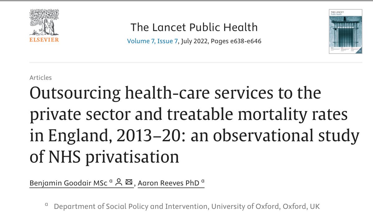 Sanidadtodoa100's tweet photo. Estudio 1: observacional. Analizaron la externalización a empresas con ánimo de lucro en 173 áreas sanitarias del NHS inglés 2013-2020 y evaluaron su relación con la mortalidad tratable (muertes que, en principio, deberían evitarse con una atención adecuada). Resultados: por cada incremento del 1% del gasto externalizado, la mortalidad tratable aumentó un 0,38% al año siguiente. El incremento de la externalización se asoció con 557 muertes de causas tratables adicionales. 
Estudio 2: revisión sistemática sobre el impacto de la privatización sanitaria en la calidad asistencial. Incluyó 13 estudios de 8 países desarrollados (Canadá, Croacia, Inglaterra, Alemania, Italia, Corea del Sur, Suecia y EEUU). En la gestión privada el aumento de la rentabilidad dependió de la selección de pacientes con patologías más rentables, la reducción de costes laborales y la disminución de personal. La mayoría de estudios no encontró mejoras en la calidad asistencial y, cuando se encontrarron diferencias, fueron mayoritariamente desfavorables para los pacientes. 
En conjunto, estos estudios indican que la introducción o expansión de modelos de gestión privada debe evaluarse con cautela. Hasta la fecha no existen pruebas sólidas de que mejore la calidad asistencial y, en algunos escenarios, se ha asociado con peores resultados clínicos para la población.