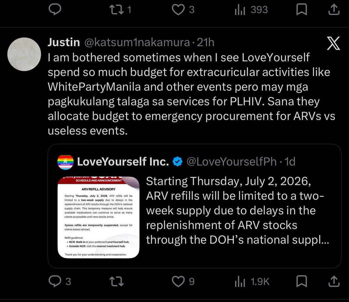 PozItMNL's tweet photo. May point sya. Ang laki ng nakukuha ng LYS sa OHAT. Asa max of 58,500 per PLHIV at pwede gamitin ang portion nun para bumili ng ARV and yet, hindi man lang sila nag plan ahead kahit may info months ago at umasa lang sa DOH. Tanong ng sangka-PLHIVhan: Takot ba mabawasan ang kita?! https://t.co/0wBKYExSAp
