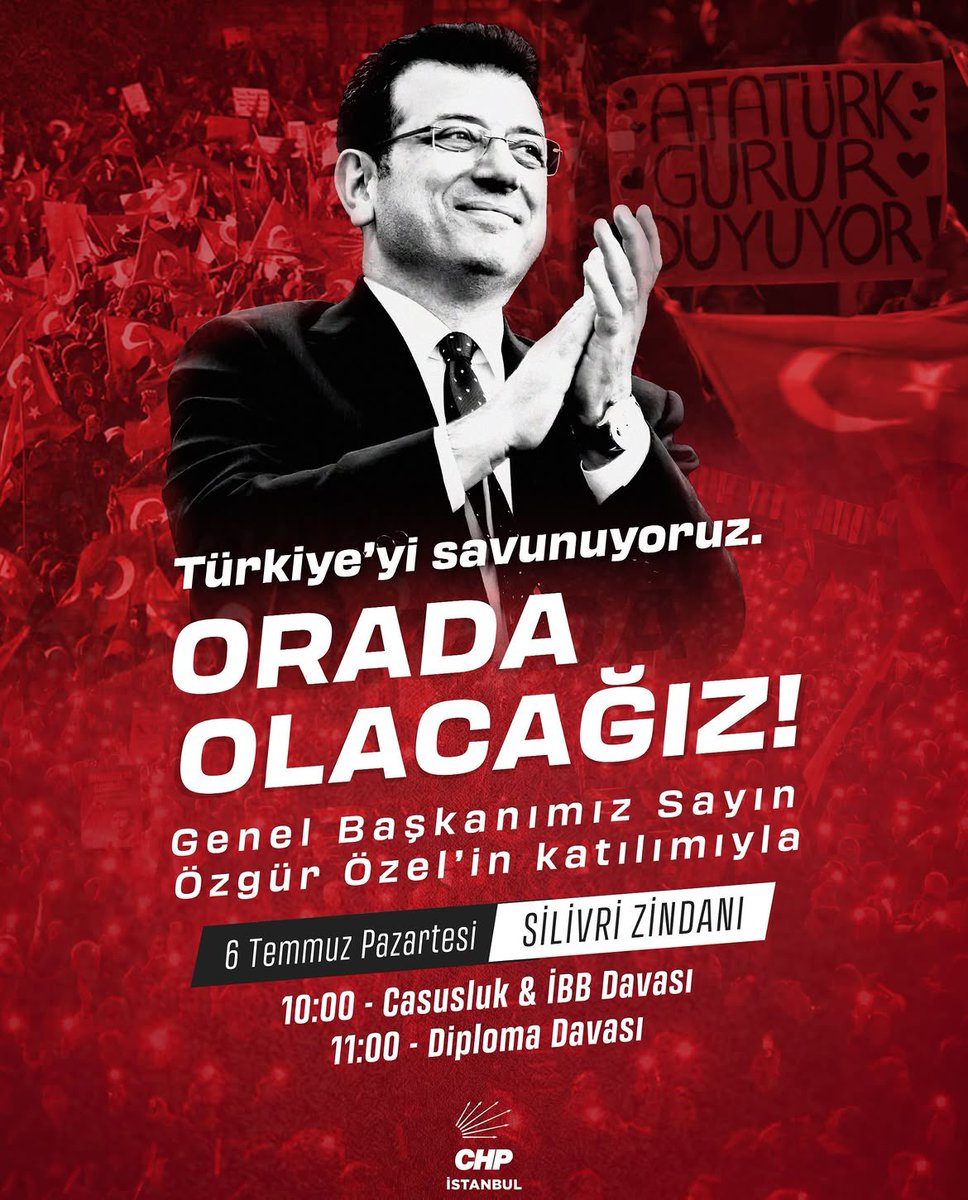 GokSelcuk's tweet photo. Orada olacağız! 

Cumhurbaşkanı adayımız Ekrem İmamoğlu’nun yargılandığı üç ayrı davada, Türkiye’mizi ve demokrasimizi savunmak için Genel Başkanımız Özgür Özel’in katılımıyla buluşuyoruz. 

10.00 - Casusluk Davası & İBB Davası 
11.00 - Diploma Davası 

📆6 Temmuz Pazartesi 
📍Silivri Zindanı

Araçlarımız saat 08.45’te Barış Manço Kültür Merkezi’nden hareket edecektir.