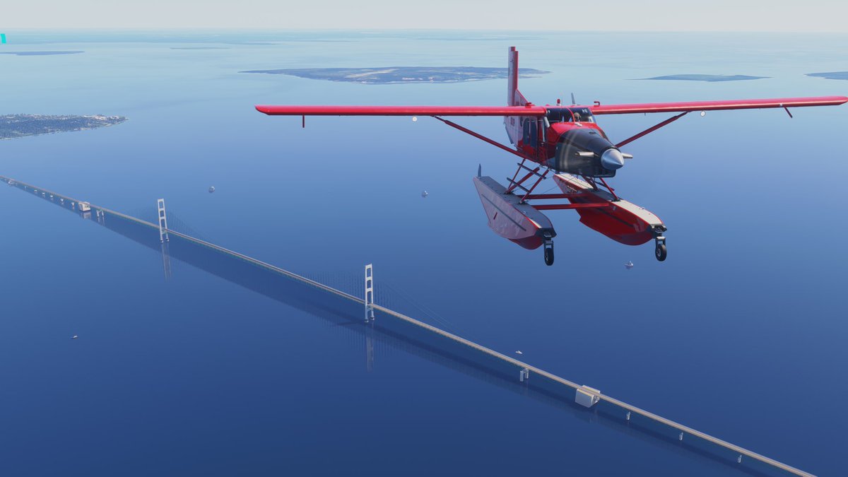 ioq710f2's tweet photo. 寝る前のmsfs 2024(^^;)
五大湖のヒューロン湖〜ミシガン湖の境にあるマキノー橋からビーバー島🦫へ
フロート付きのPC-6は鬼かっちょ良いです(^_^)／ﾟﾟ https://t.co/bWUIYd5ljo