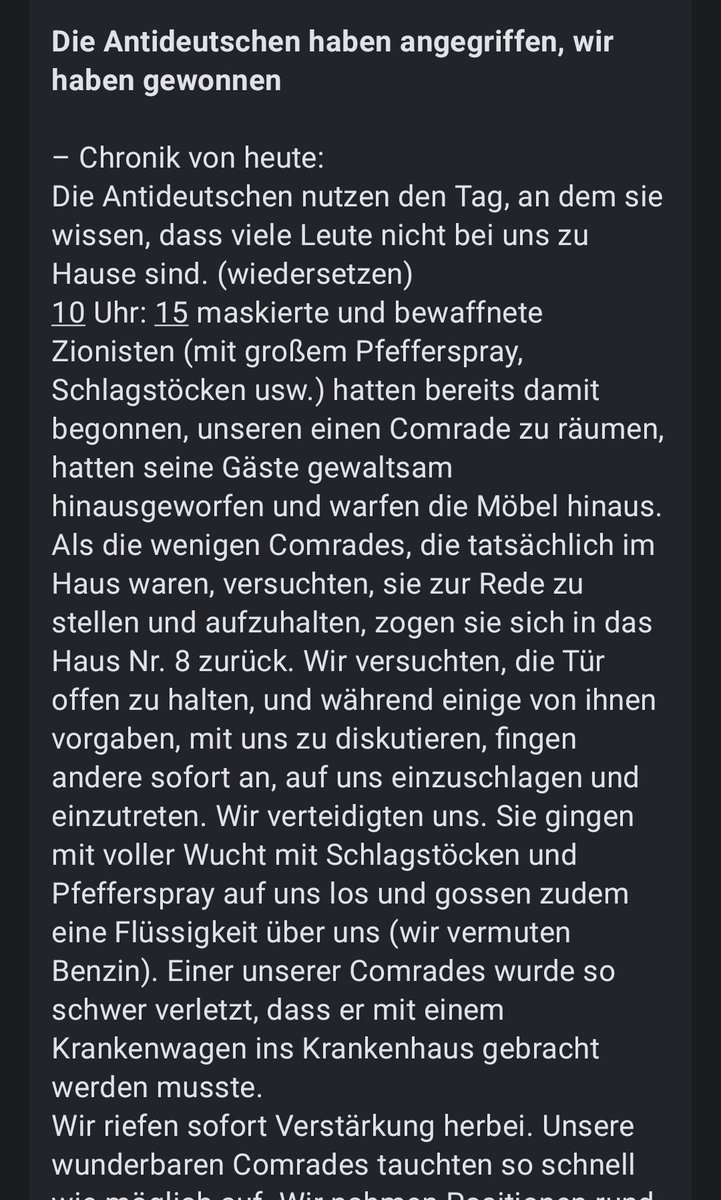 KaterHofmann's tweet photo. So schildern die stabilen internationalistischen Antifaschisten vom La Casa die Ereignisse mit den deutschen Zionisten.
Die sogenannten "Antideutschen" sollte man konsequent deutsche Luschen oder Ethnonationalisten nennen. #B0507 https://t.co/I8UsrSx7of
