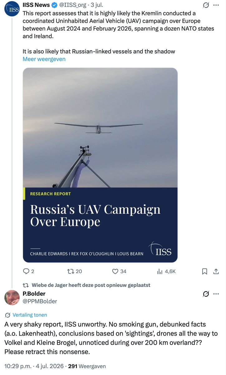 NiemandsKnegt's tweet photo. Defensiespecialist @PPMBolder reageert op het IISS rapport wat klakkeloos wordt gepromoot door haast alle reguliere media:

"Een zeer wankel rapport, IISS-onwaardig. Geen bewijs, ontkrachte feiten (o.a. Lakenheath), conclusies slechts gebaseerd op 'waarnemingen', drones helemaal tot Volkel en Kleine Brogel, onopgemerkt tijdens een vlucht van meer dan 200 km over land??

Trek deze onzin alstublieft in."