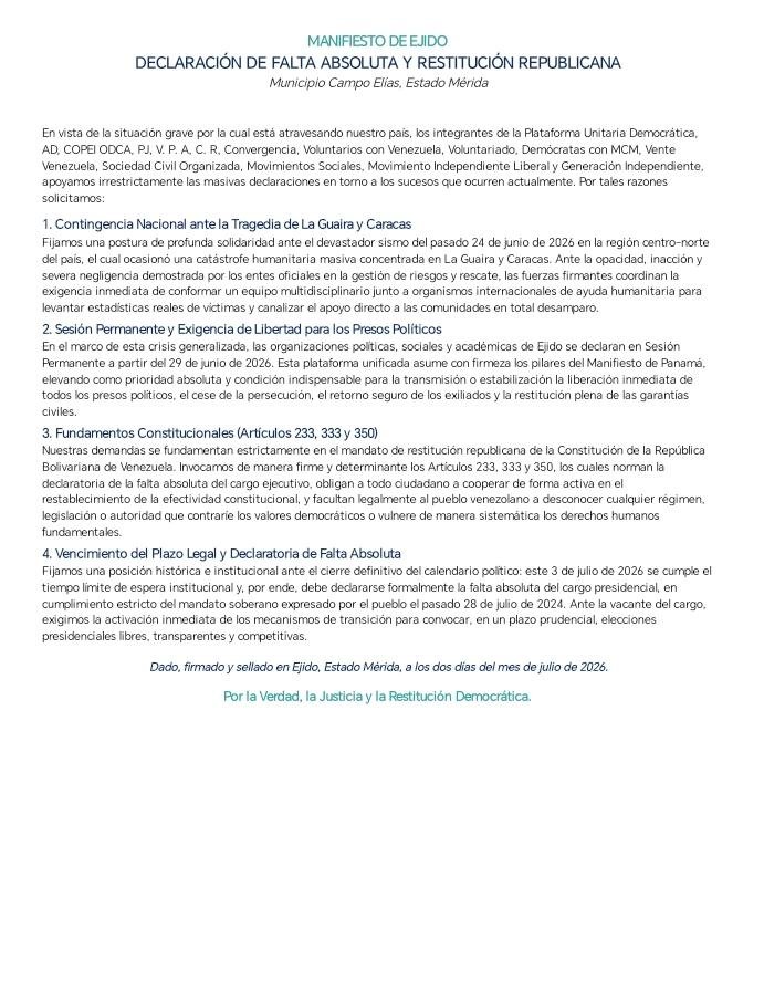 vpmerida_'s tweet photo. Declaración de la Plataforma Unitaria Democratica del municipio Campo Elías, estado Mérida. https://t.co/bq8YMmqMZj