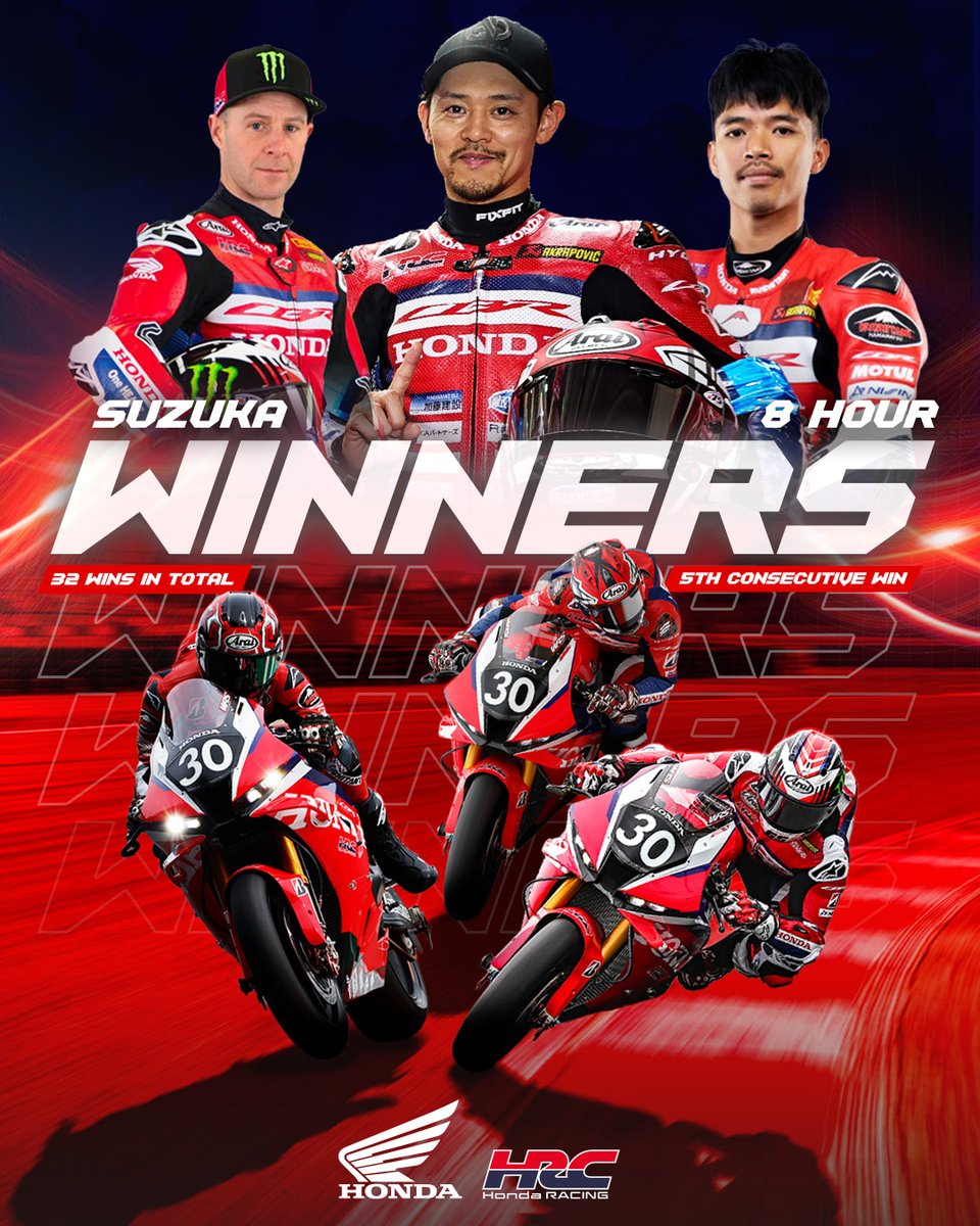 HondaJP_Live's tweet photo. 🏁 鈴鹿8耐2026の勝者が決定！ 🎉🏆

Honda HRCが5連覇し、Hondaの8耐32勝目を飾りました。
高橋巧選手は通算8勝で、自身が持つ8耐最多優勝記録を更新👏

#Honda #HRC #鈴鹿8耐 https://t.co/TMFWkksQUm