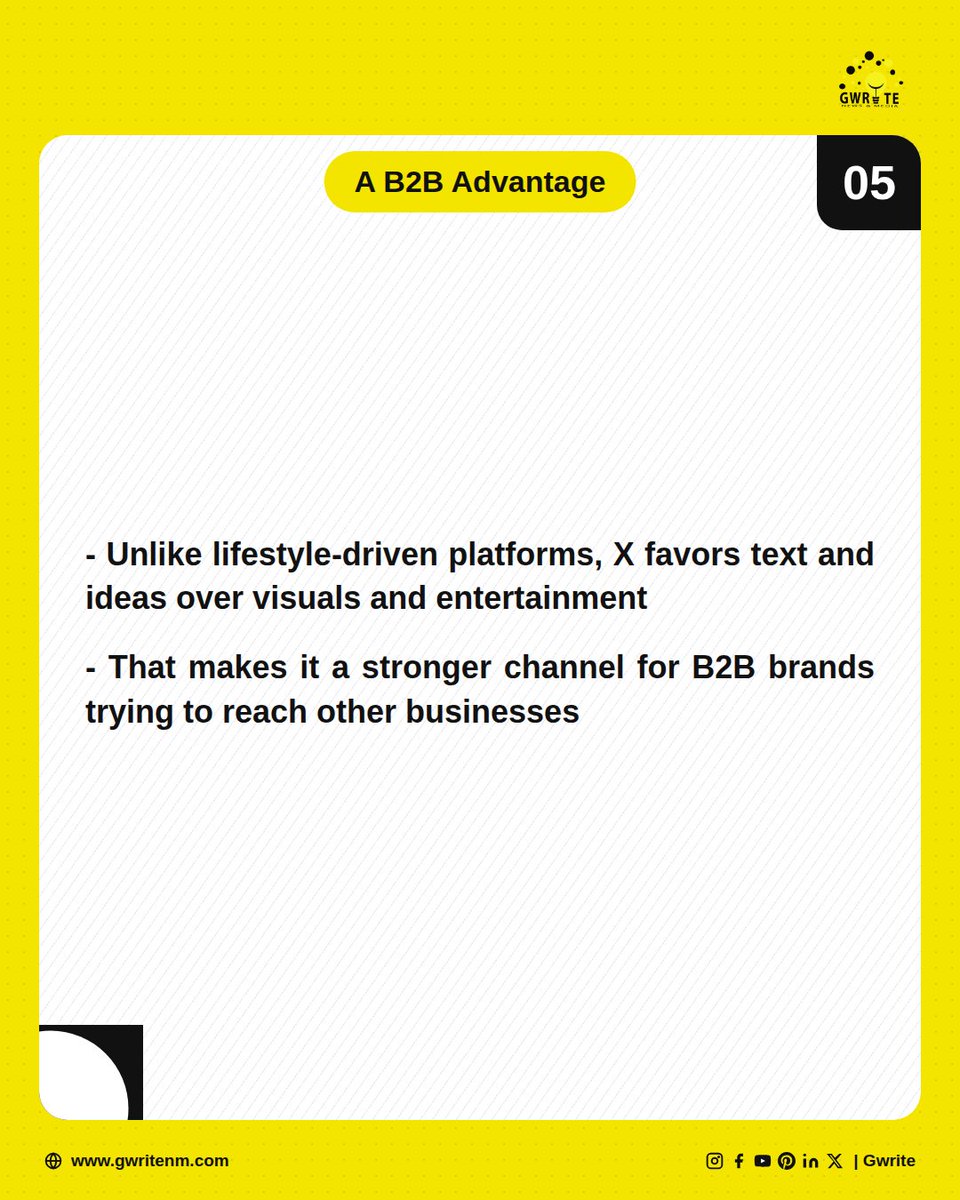 gwritenm's tweet photo. For advertisers, that means fewer wasted impressions and more eyes with real buying power.

Swipe through to see why X might be the sharpest B2B ad channel you're underusing ➡️

💬 Are you advertising on X yet? Tell us below.

📌 Save this for your next media planning session. https://t.co/6EFKeU3mrq