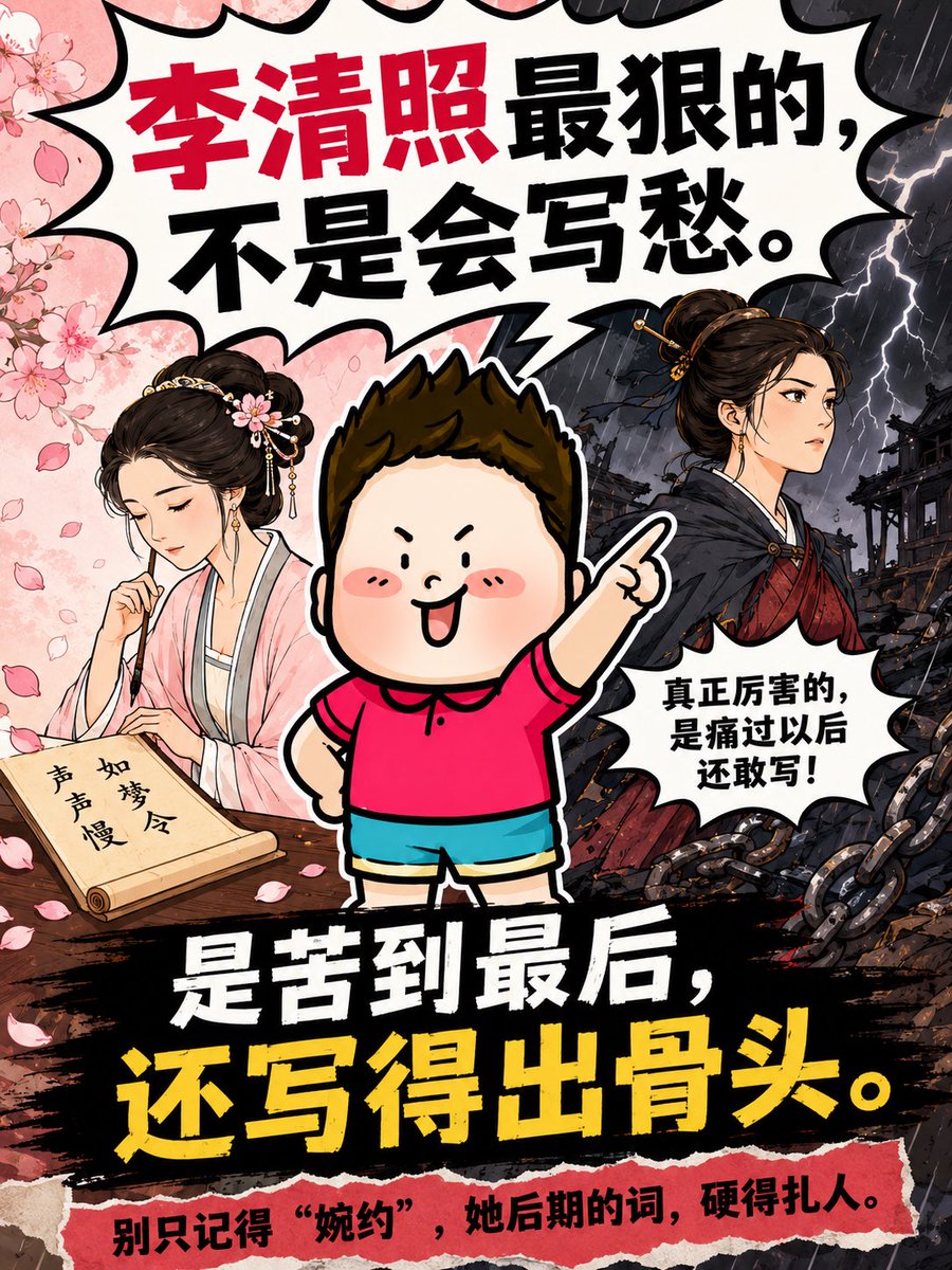 Banderhu368's tweet photo. 很多人一提李清照，脑子里还是“婉约”“才女”“会写愁”。可那只是她前半生的样子，不是她全部的样子。
国破、南渡、丧夫、失藏书，命运一刀一刀劈下来，她后期的词也跟着变了。
“生当作人杰，死亦为鬼雄”，这已经不是小情小爱了，这是一个人被现实打疼之后，骨头里逼出来的硬。 https://t.co/XwkJCNoAIT
