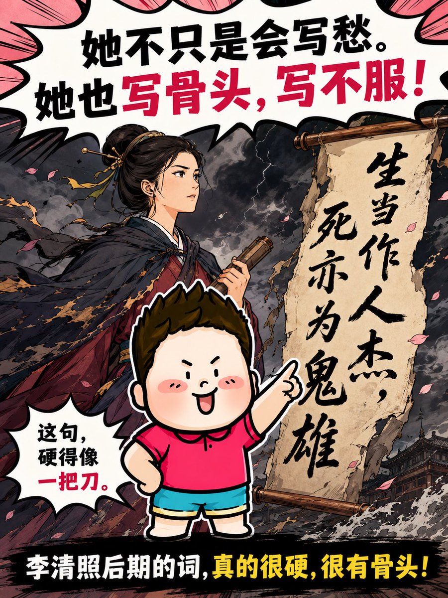 Banderhu368's tweet photo. 很多人一提李清照，脑子里还是“婉约”“才女”“会写愁”。可那只是她前半生的样子，不是她全部的样子。
国破、南渡、丧夫、失藏书，命运一刀一刀劈下来，她后期的词也跟着变了。
“生当作人杰，死亦为鬼雄”，这已经不是小情小爱了，这是一个人被现实打疼之后，骨头里逼出来的硬。 https://t.co/XwkJCNoAIT