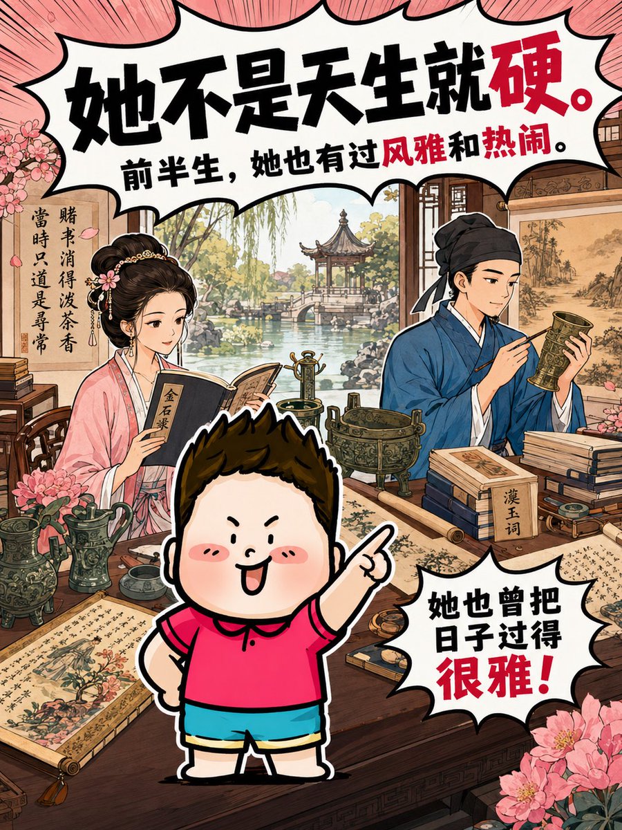 Banderhu368's tweet photo. 很多人一提李清照，脑子里还是“婉约”“才女”“会写愁”。可那只是她前半生的样子，不是她全部的样子。
国破、南渡、丧夫、失藏书，命运一刀一刀劈下来，她后期的词也跟着变了。
“生当作人杰，死亦为鬼雄”，这已经不是小情小爱了，这是一个人被现实打疼之后，骨头里逼出来的硬。 https://t.co/XwkJCNoAIT