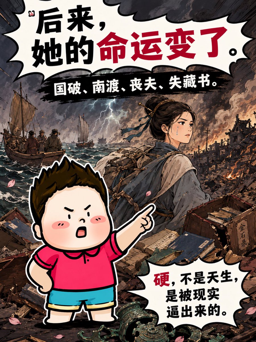 Banderhu368's tweet photo. 很多人一提李清照，脑子里还是“婉约”“才女”“会写愁”。可那只是她前半生的样子，不是她全部的样子。
国破、南渡、丧夫、失藏书，命运一刀一刀劈下来，她后期的词也跟着变了。
“生当作人杰，死亦为鬼雄”，这已经不是小情小爱了，这是一个人被现实打疼之后，骨头里逼出来的硬。 https://t.co/XwkJCNoAIT