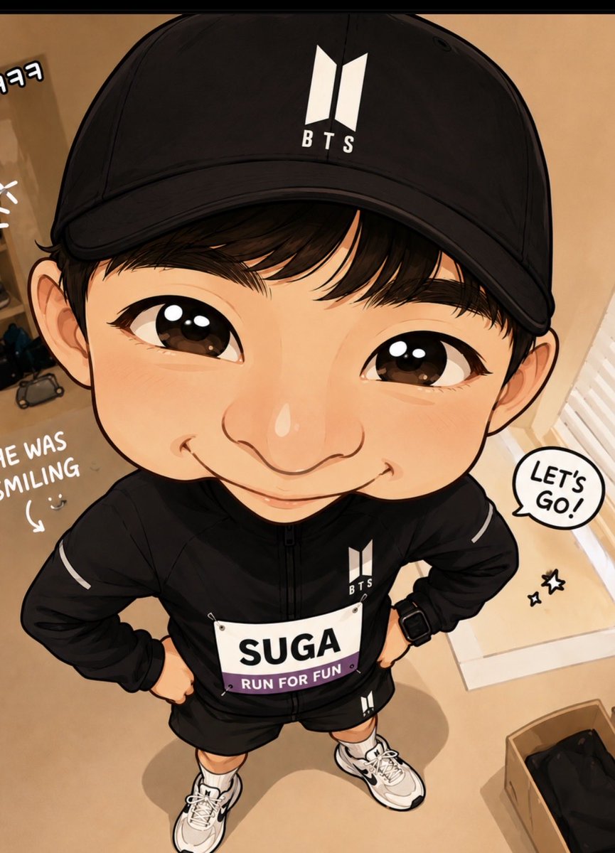 Atpt27's tweet photo. Cartoon version of Suga getting ready for his 12km run. Very cute. #suga #bts https://t.co/i4LQL9SLEH