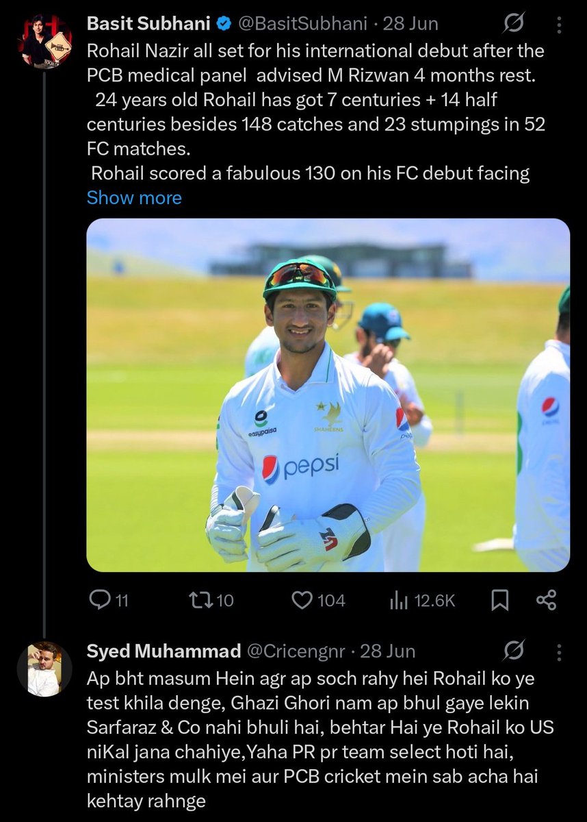 Cricengnr's tweet photo. @BasitSubhani  Apko Apna Ye Tweet Yaad Hai? Aur Neechay Meine Jo Kaha Tha, Aj Wo Hi Sach Hua Hai, Yaha Merit Nahi Pasand Aur Ek Drive Ki Bunyad Par Stars Banaye Jatay Hein, Ab Bhi Rohail Ko Mashwara Hai USA Chala Jaye Baghair PR k Team Mei Ana Na Mumkin hai https://t.co/RI0VZf9aP4